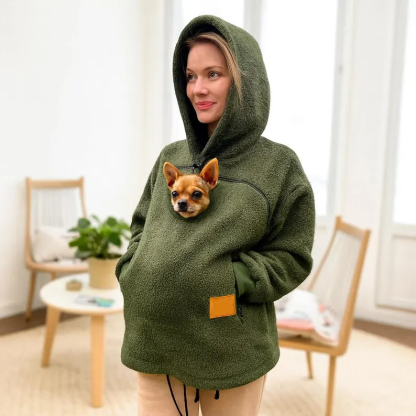 Khaki Hoodie with Pet Carrier Pocket – Cozy Style with Functional Design