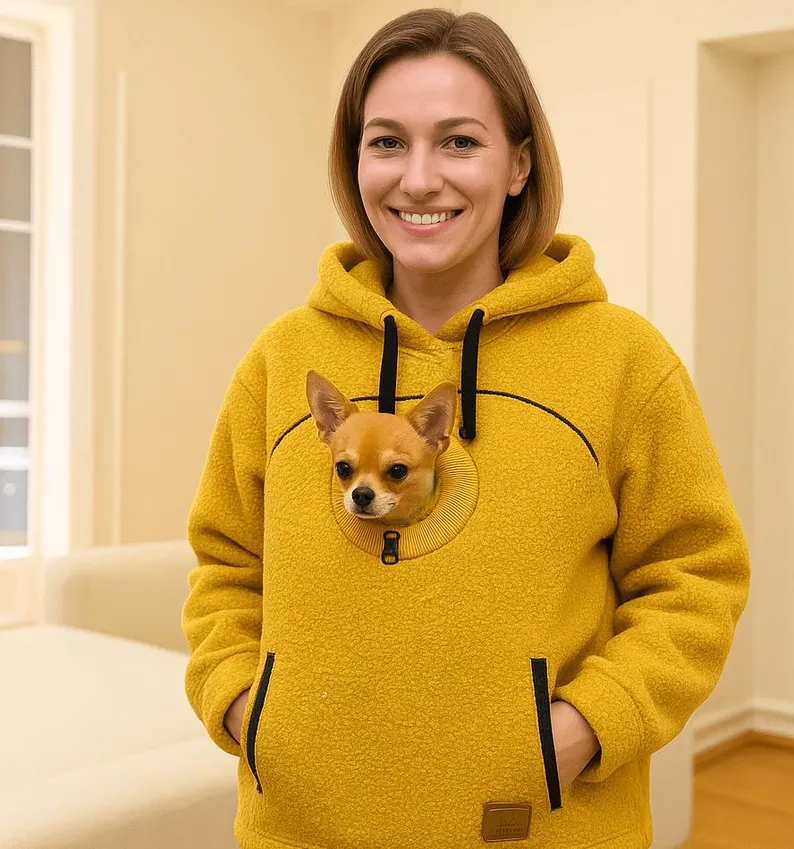 Khaki Hoodie with Pet Carrier Pocket – Cozy Style with Functional Desi