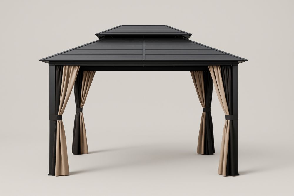 Gazebo in Alluminio Nero con Tetto in Policarbonato e Tende Poliestere Beige