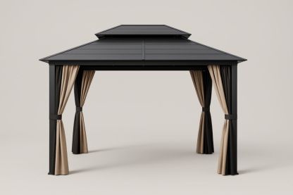 Gazebo in Alluminio Nero con Tetto in Policarbonato e Tende Poliestere Beige
