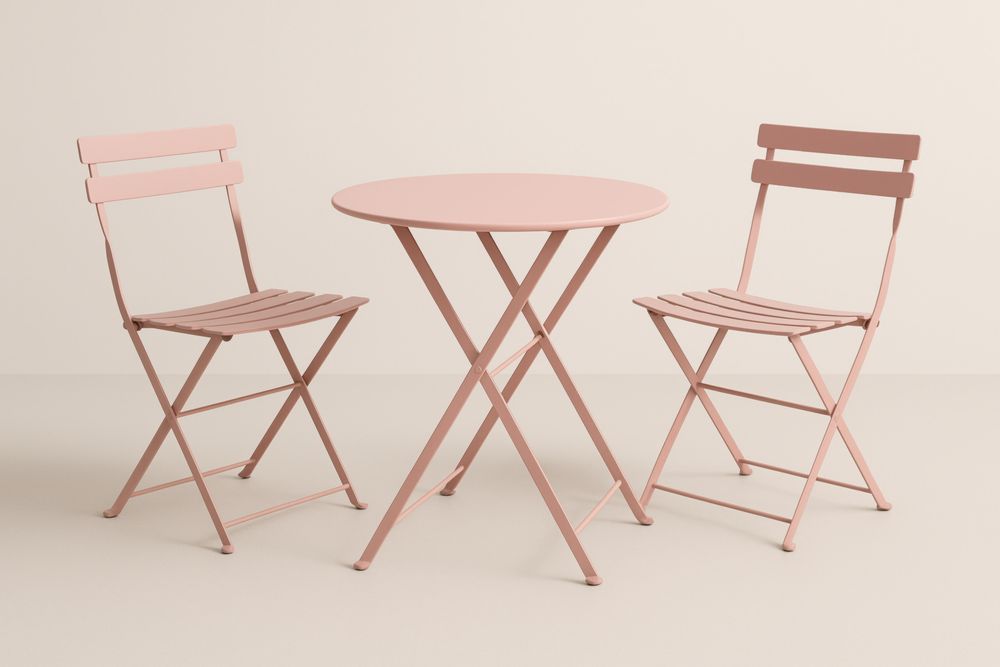 Set tavolo rotondo da esterno in Acciaio rosa con sedie pieghevoli