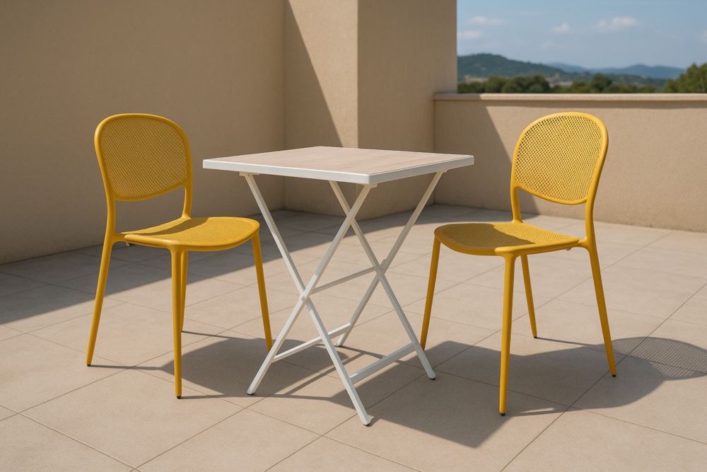 Set Tavolo Pieghevole in Alluminio Bianco con Sedie in Polipropilene Giallo