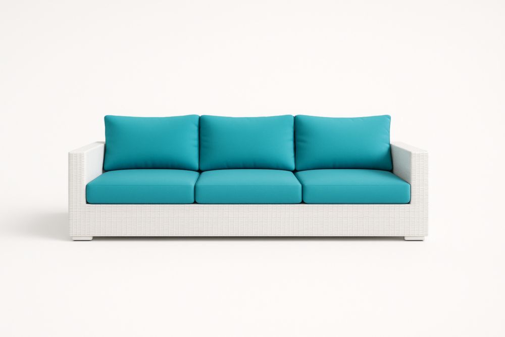 Divano a Tre Posti in Rattan con Cuscini Blu