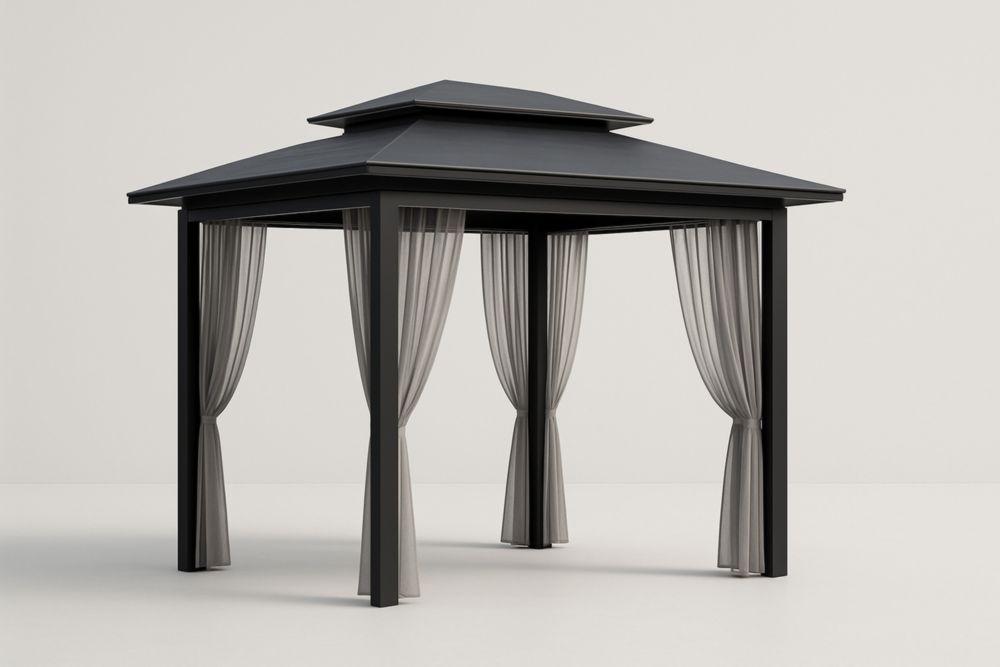 Gazebo in Alluminio con Tetto a Due Livelli e Tende in Poliestere Grigio 300x300x270 cm(Lu×L×H)