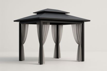Gazebo in Alluminio con Tetto a Due Livelli e Tende in Poliestere Grigio 300x300x270 cm(Lu×L×H)