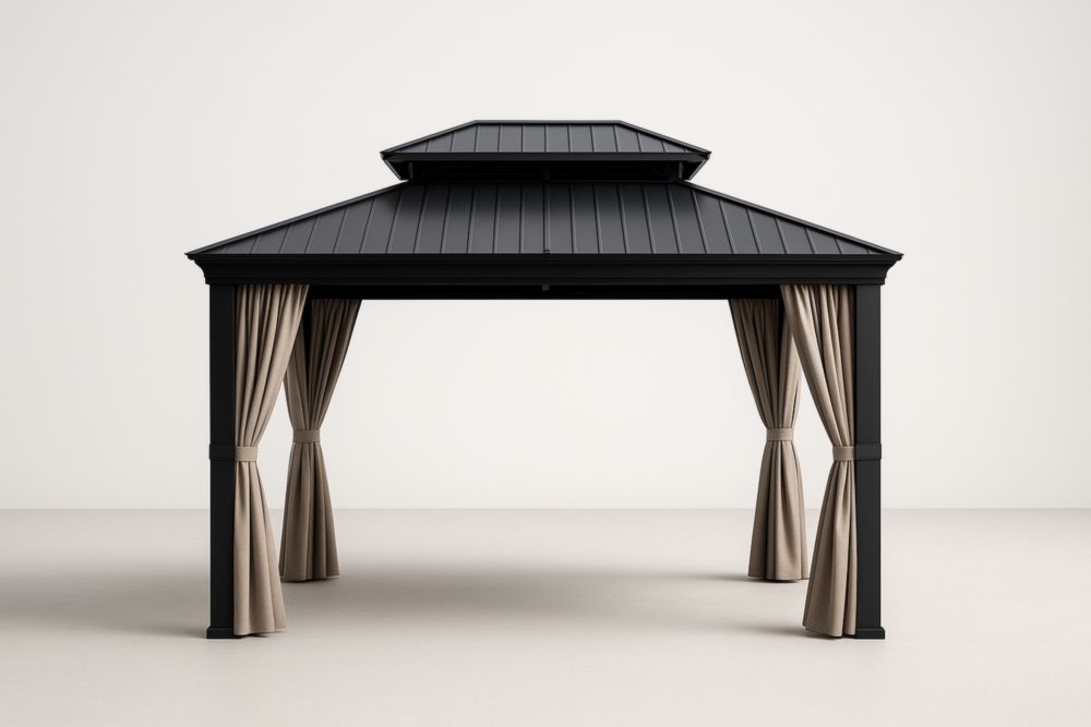 Gazebo in Alluminio con Tetto in Acciaio e Tende in Poliestere Nero Taupe
