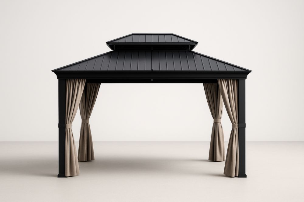 Gazebo in Alluminio con Tetto in Acciaio e Tende in Poliestere Nero Taupe