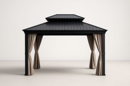 Gazebo in Alluminio con Tetto in Acciaio e Tende in Poliestere Nero Taupe