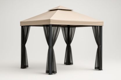 Gazebo in Acciaio e Poliestere Beige con Tende in Rete Nera