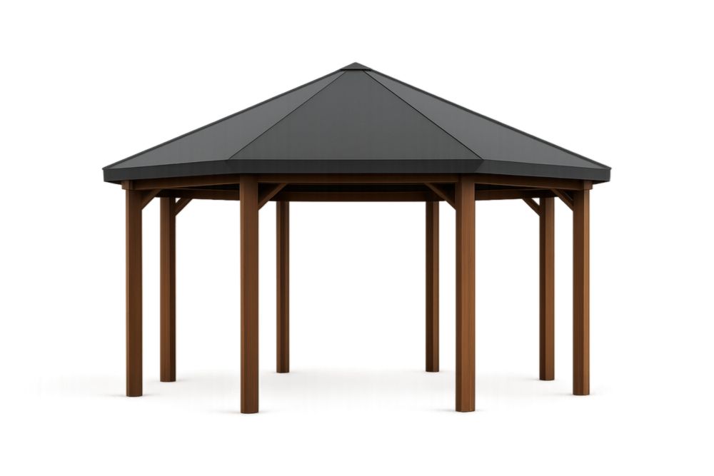 Gazebo esagonale in legno di pino con tetto in acciaio nero