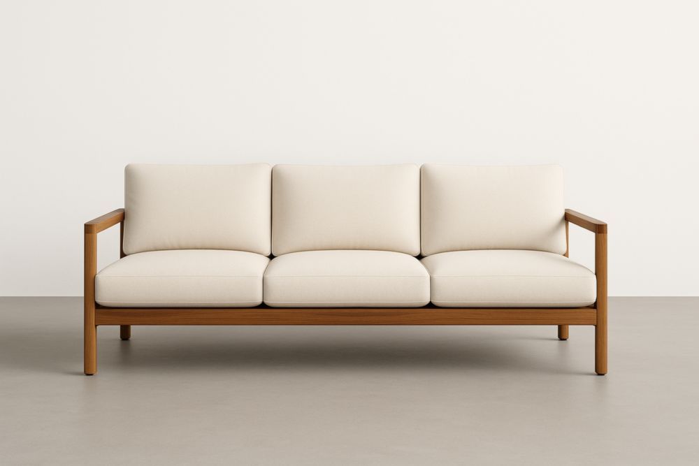 Divano a Tre Posti in Tessuto Crema con Struttura in Legno