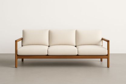 Divano a Tre Posti in Tessuto Crema con Struttura in Legno