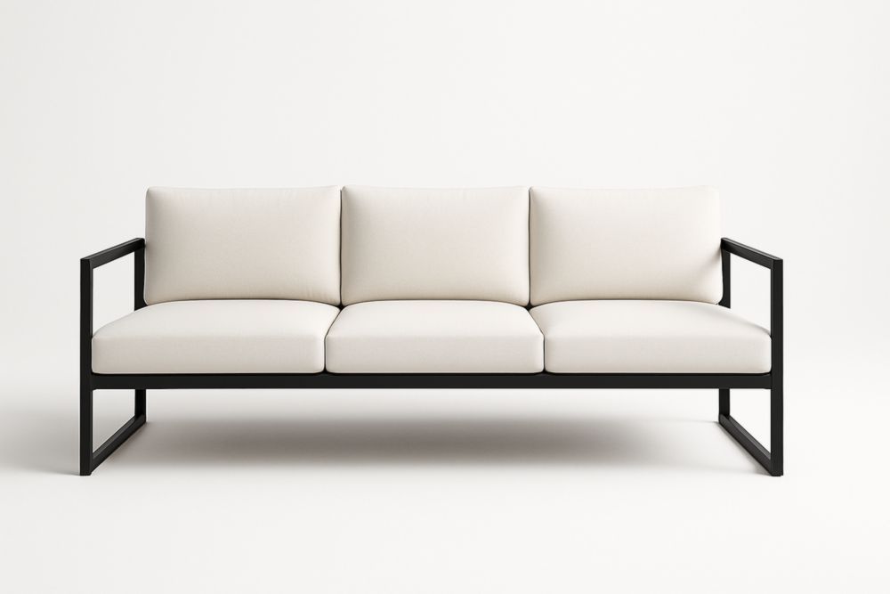 Divano a 3 Posti in Metallo con Cuscini in Tessuto Bianco e Nero