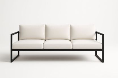 Divano a 3 Posti in Metallo con Cuscini in Tessuto Bianco e Nero