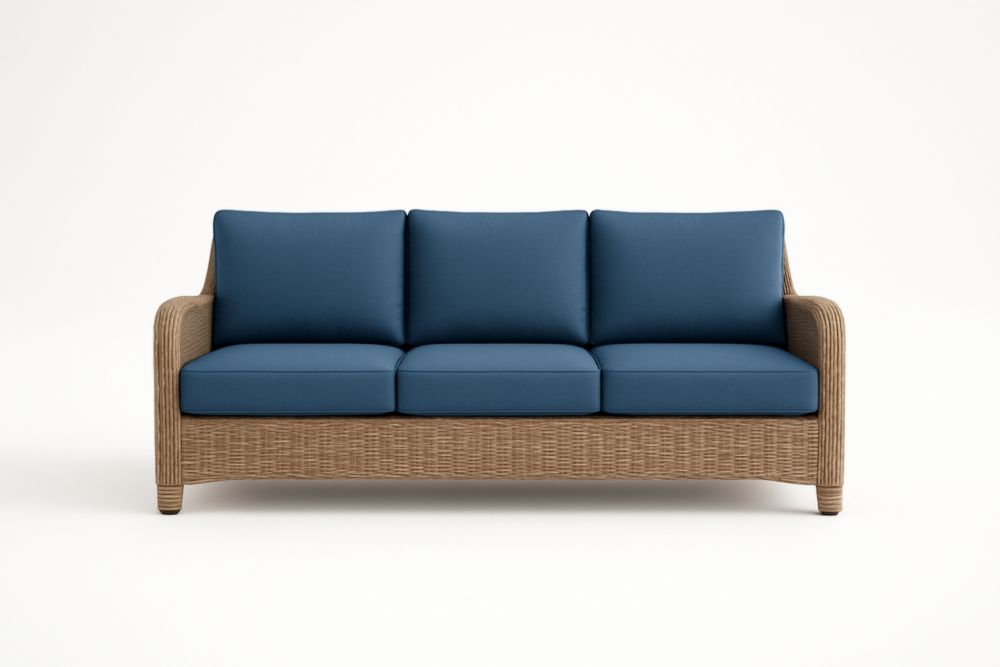Divano 3 Posti Rattan con Cuscini Blu
