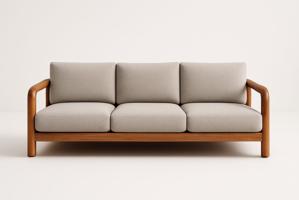 Divano a Tre Posti in Legno con Rivestimento in Tessuto Grigio Chiaro