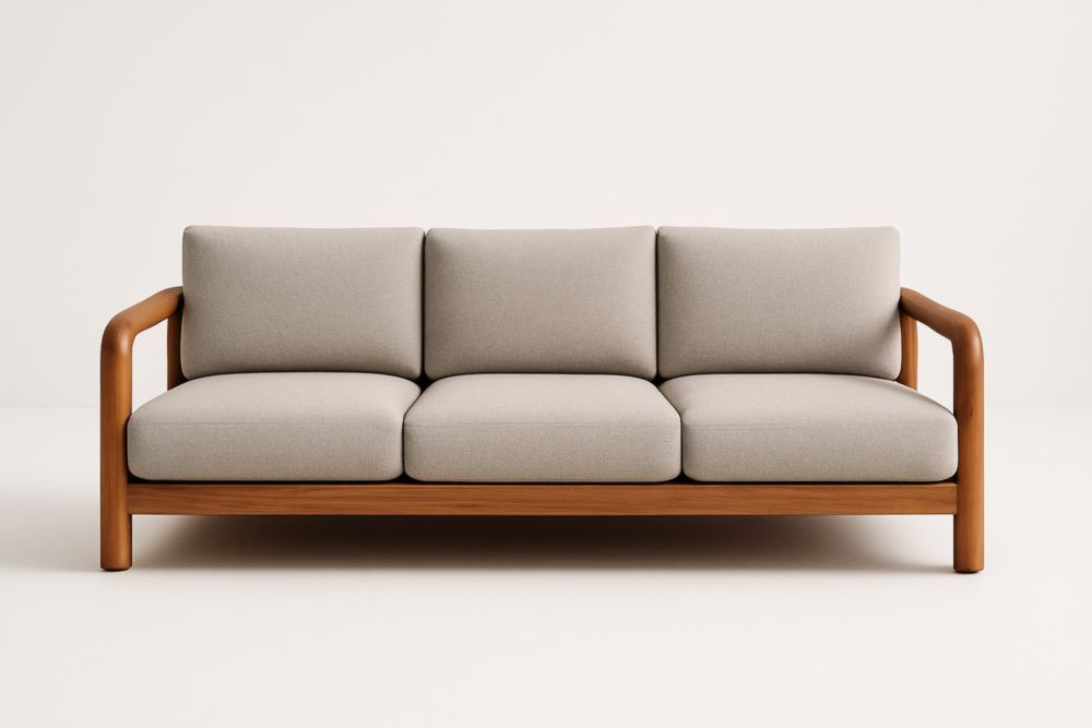 Divano a Tre Posti in Legno con Rivestimento in Tessuto Grigio Chiaro