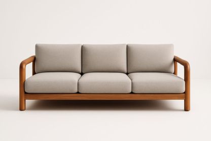 Divano a Tre Posti in Legno con Rivestimento in Tessuto Grigio Chiaro