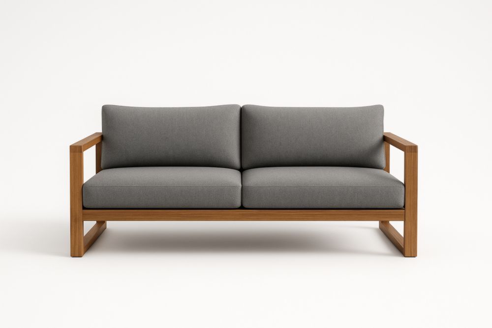 Divano due posti in tessuto grigio e struttura in legno