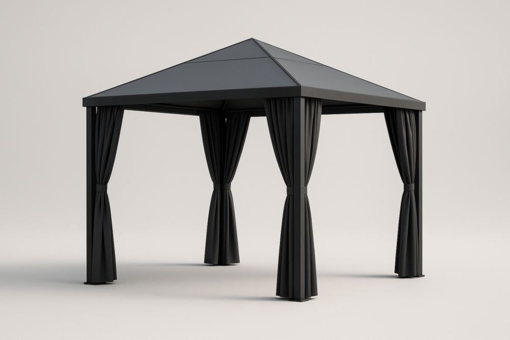 Gazebo da esterno in alluminio nero con tende
