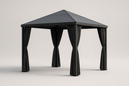 Gazebo da esterno in alluminio nero con tende
