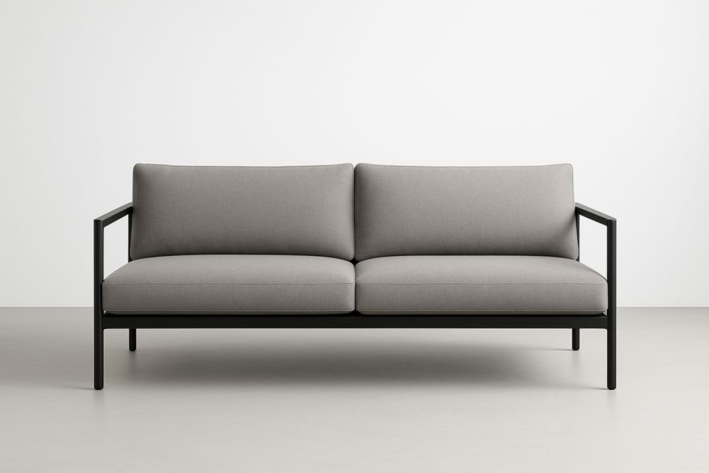 Divano in metallo nero con cuscini in tessuto grigio