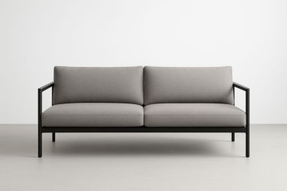 Divano in metallo nero con cuscini in tessuto grigio