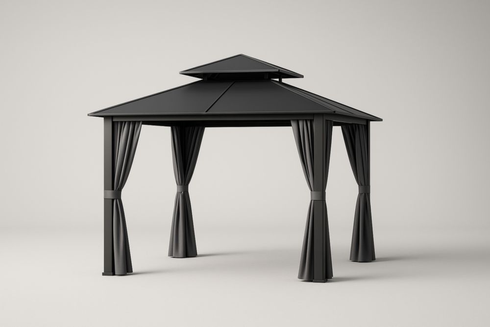 Gazebo in Alluminio con Tendaggi Neri e Tettoia Doppia