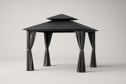 Gazebo in Alluminio con Tendaggi Neri e Tettoia Doppia