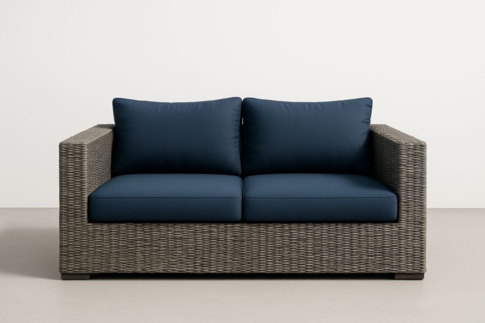 Divano Due Posti Rattan Grigio Cuscini Blu