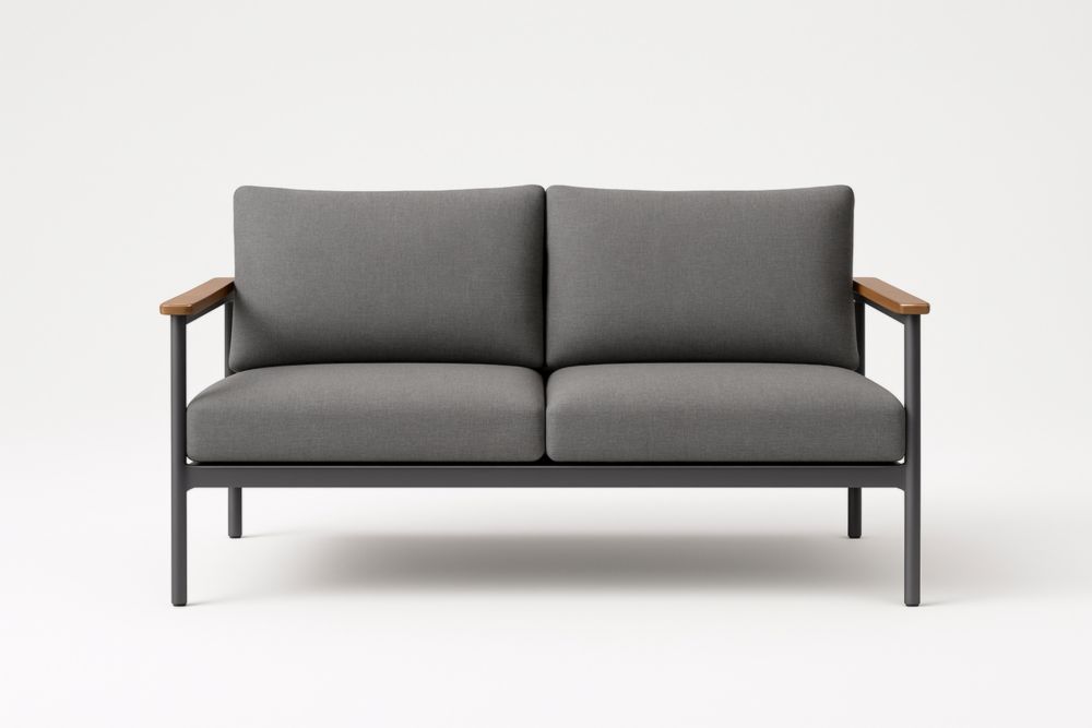 Divano a due posti in metallo e legno con cuscini in poliestere grigio
