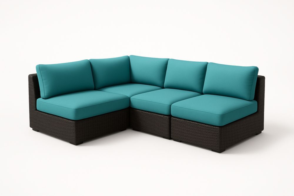 Divano angolare modulare in rattan con cuscini turchesi