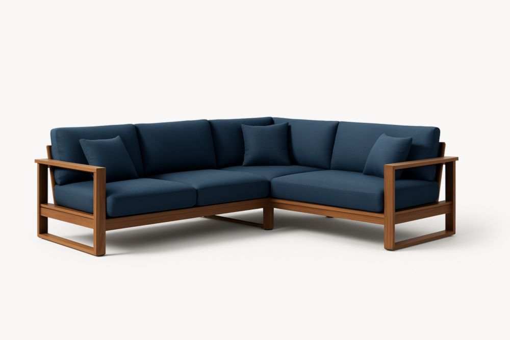 Divano angolare modulare legno tessuto blu