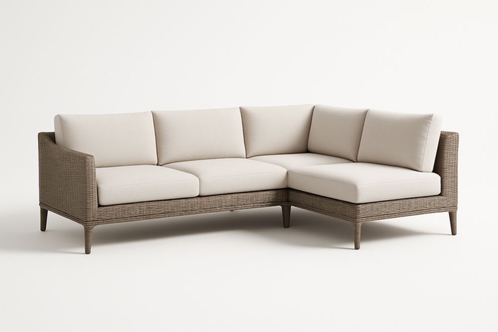 Divano angolare in rattan con cuscini removibili beige