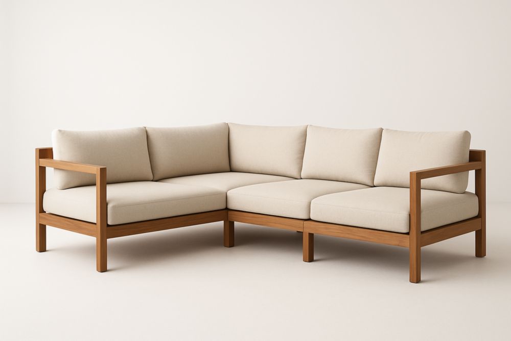 Divano angolare in legno con cuscini in poliestere beige