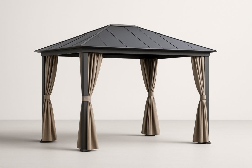 Gazebo da Giardino in Acciaio con Tende in Poliestere Grigio/Marrone