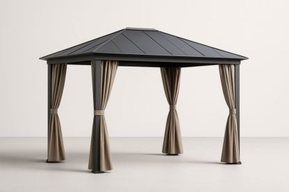 Gazebo da Giardino in Acciaio con Tende in Poliestere Grigio/Marrone