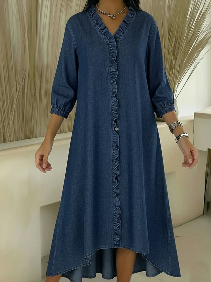 Mindennapi farmerruha V-nyakú kivágással és fodrokkal 👗