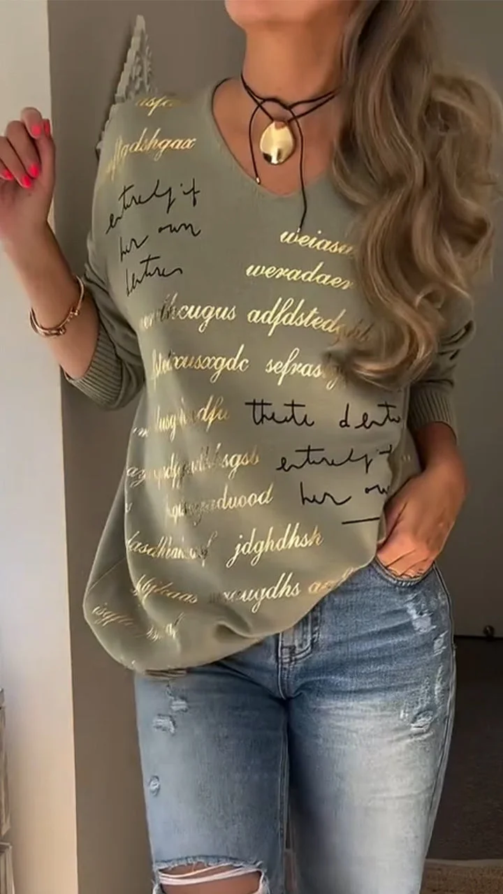 Női V-nyakú, nyomott betűmintás, lezser felső✨