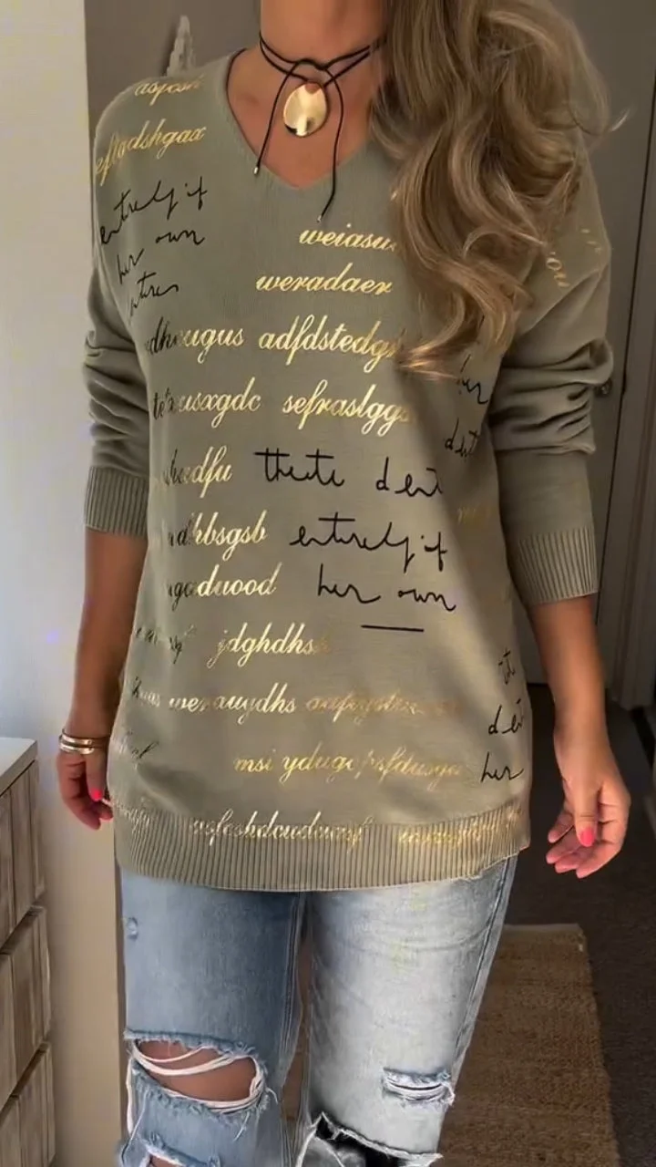 Női V-nyakú, nyomott betűmintás, lezser felső✨