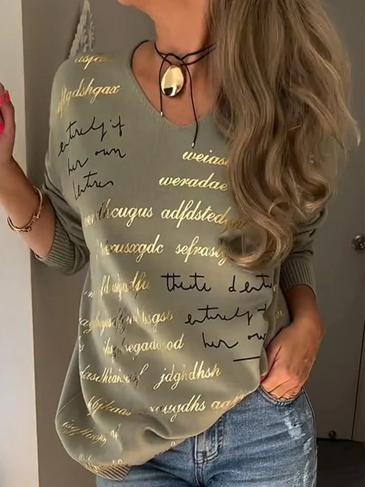 Női V-nyakú, nyomott betűmintás, lezser felső✨