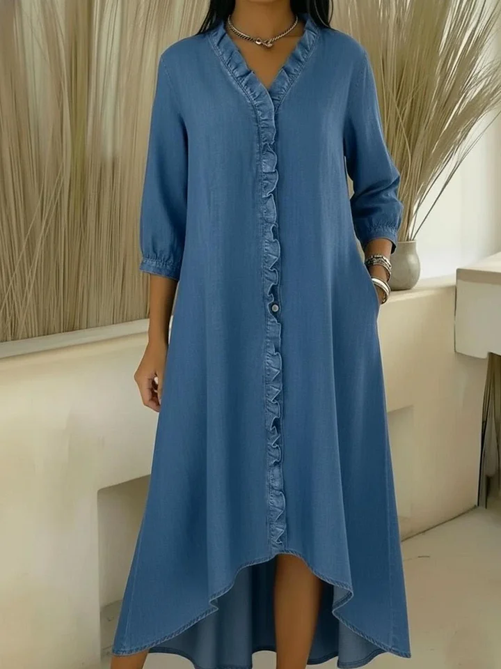 Mindennapi farmerruha V-nyakú kivágással és fodrokkal 👗