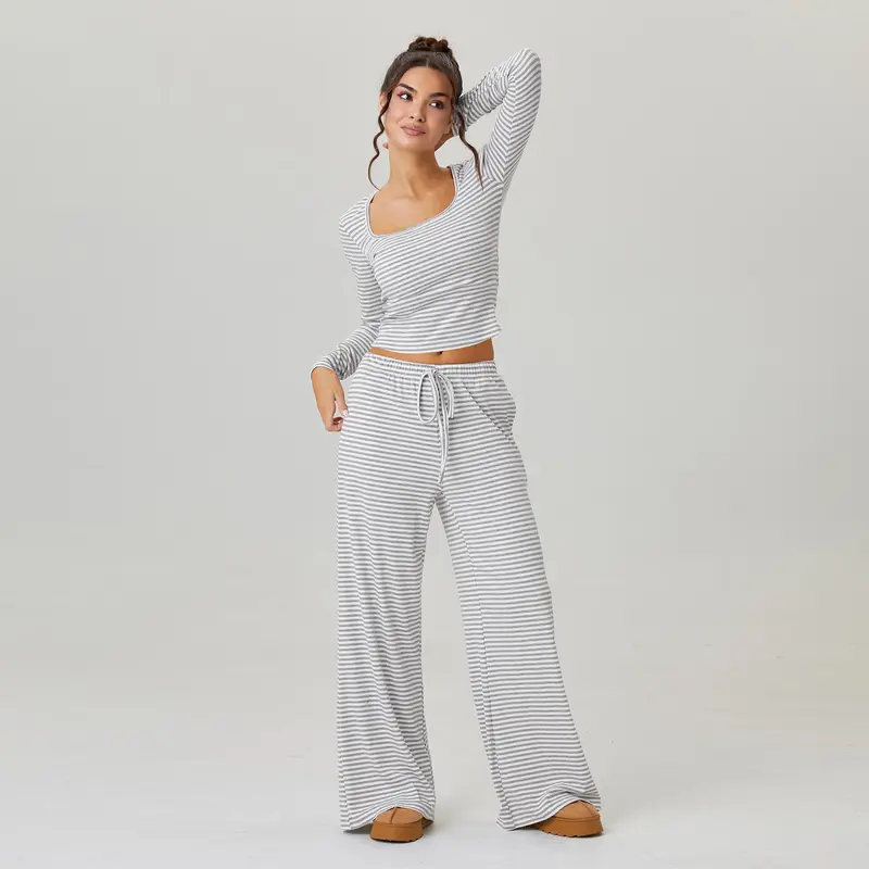 Dámský volnočasový set – top se čtvercovým výstřihem a dlouhým rukávem + kalhoty s nízkým pasem a širokými nohavicemi