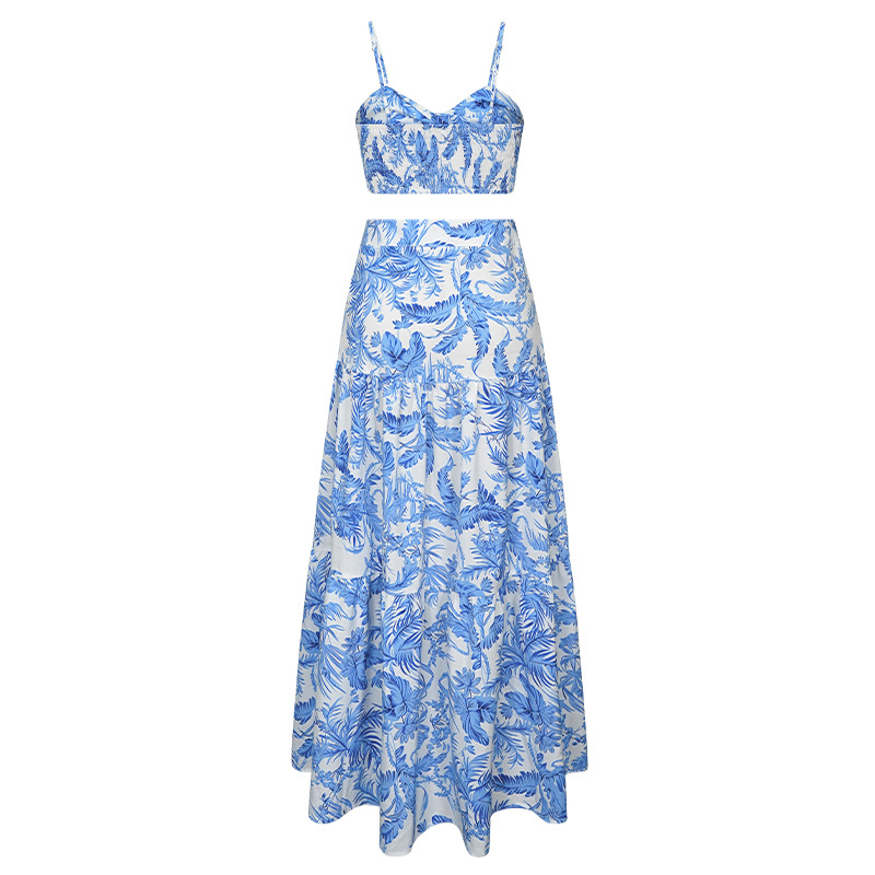 Modrobílý květovaný set s mašlí a dlouhou sukní