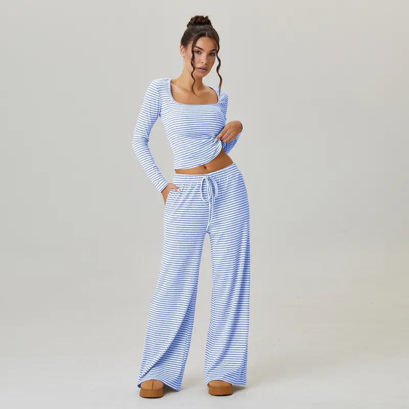 Dámský volnočasový set – top se čtvercovým výstřihem a dlouhým rukávem + kalhoty s nízkým pasem a širokými nohavicemi