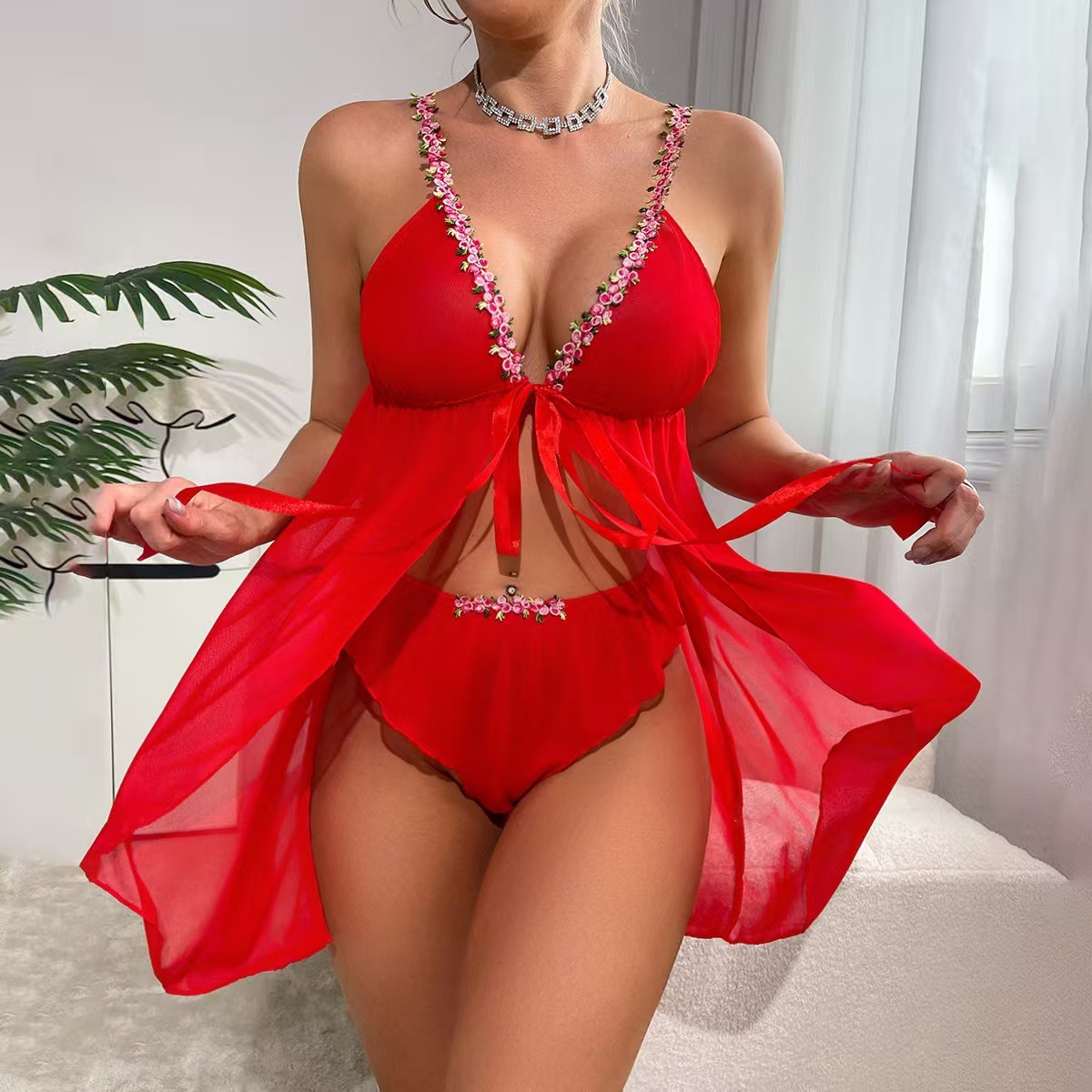 💖 Červené babydoll prádlo s jemnou krajkou – roztomilé a hravé