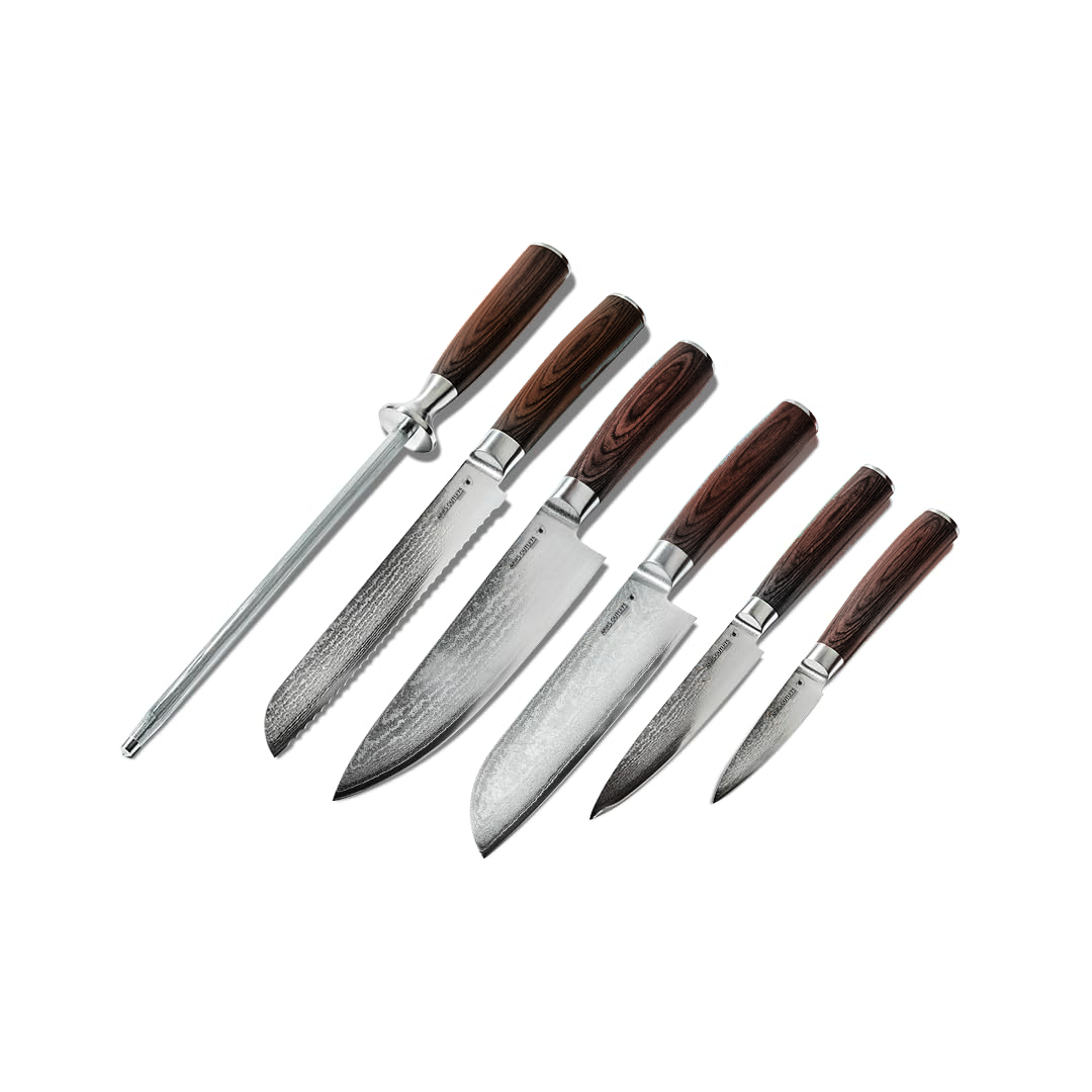 Knife Set, 6-Piece, Japanese Damascus Stainless Steel Blades, Full Tang Construction, Pakkawood Handles