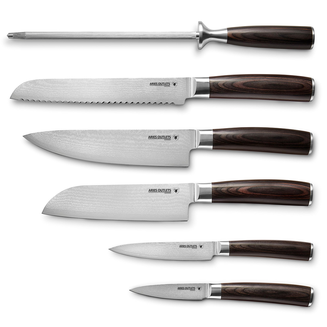 Knife Set, 6-Piece, Japanese Damascus Stainless Steel Blades, Full Tang Construction, Pakkawood Handles