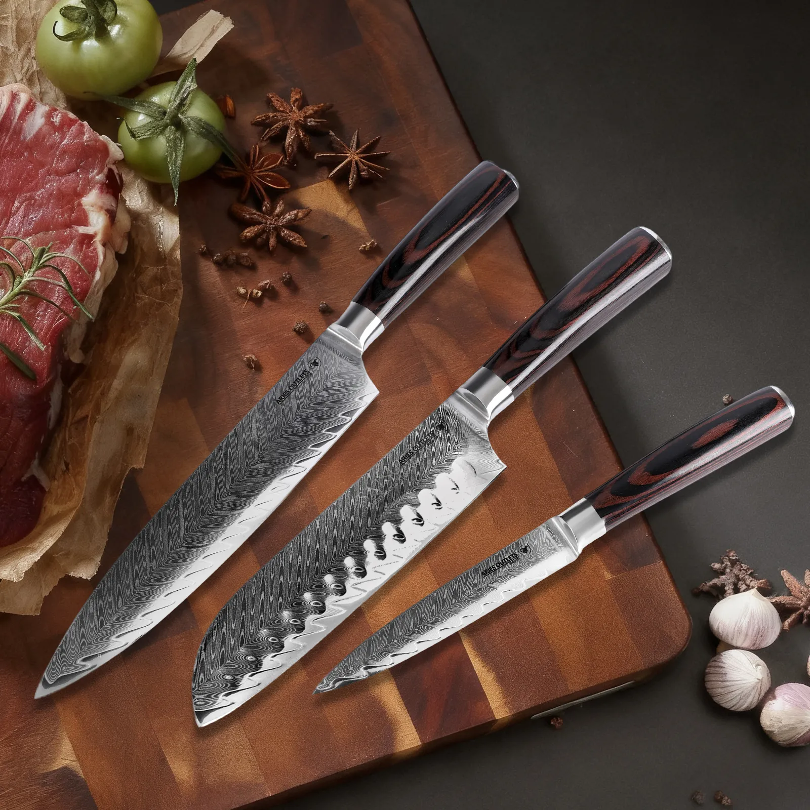 Aries Outlets Three-Piece Professional Kitchen Knife Set, Damascus Steel