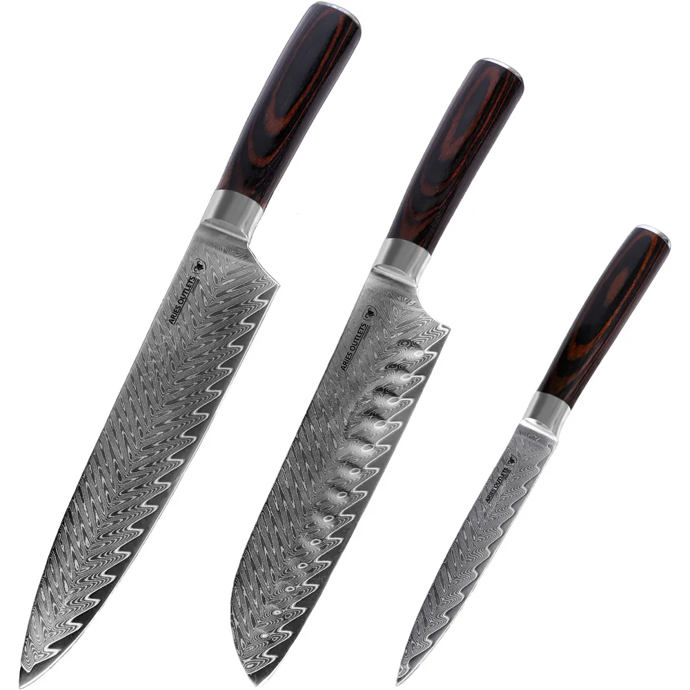 Aries Outlets Three-Piece Professional Kitchen Knife Set, Damascus Steel